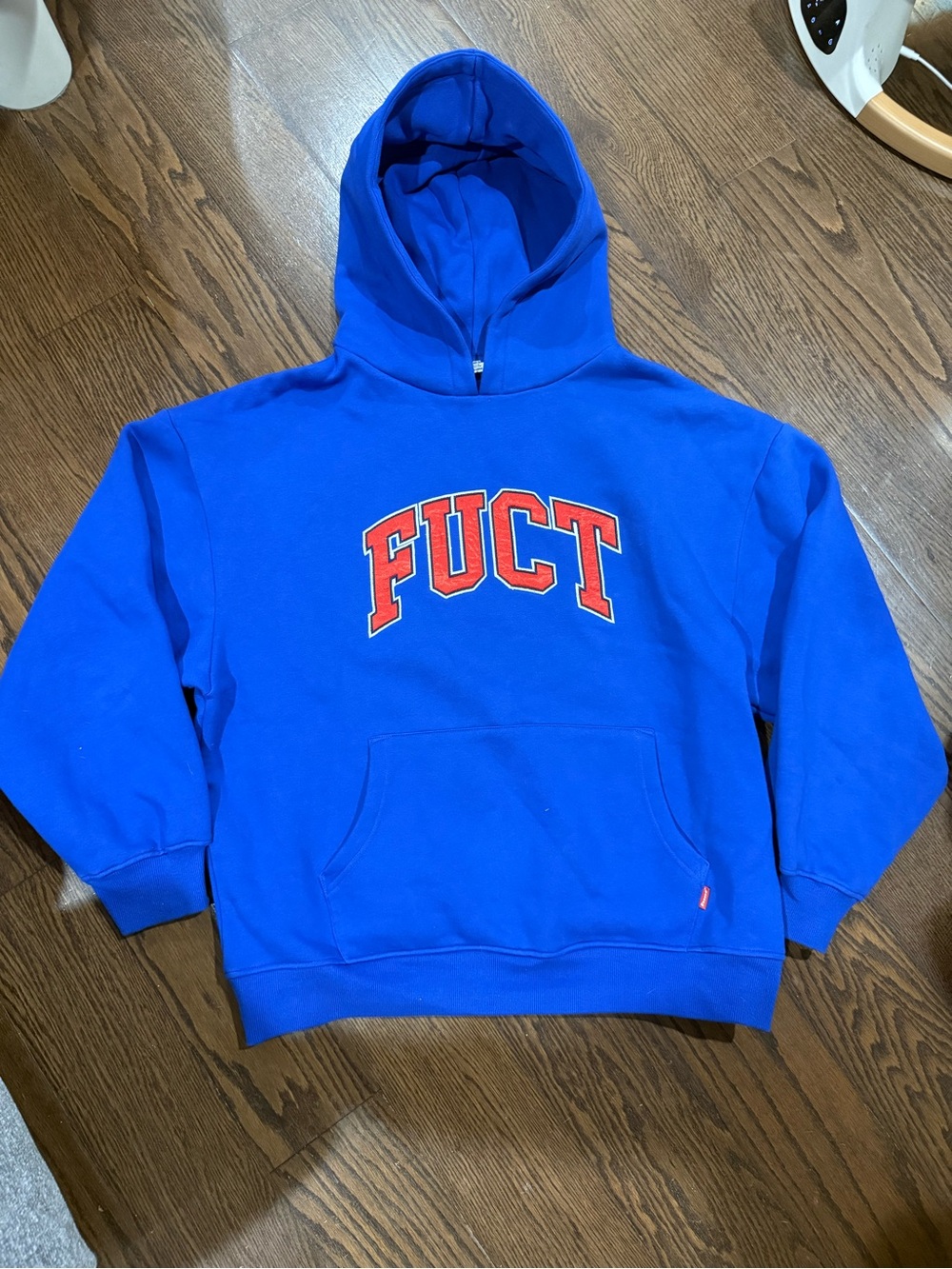 FUCT Men's Blue Hooded Sweatshirt with Red Logo
